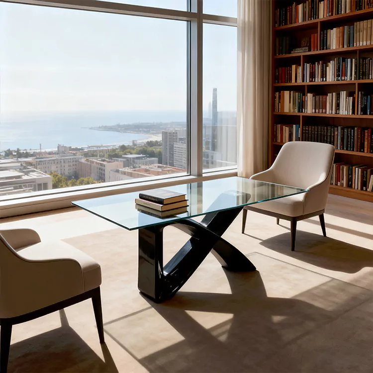 Moderner Terrassentisch aus Glas mit gebogener X-Basis aus GFK